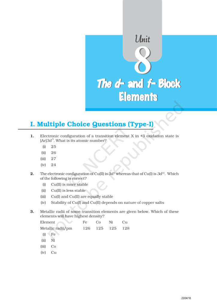 Class 12th Chemistry Chapter 8 The d- and f-Block Elements